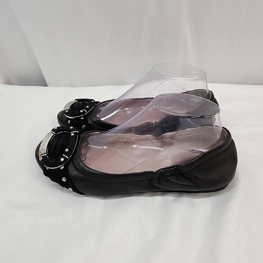 Antonio Melani Size 8 Black Leather Ballet Flats Buckle And Suede Studded Detail - Picture 5 of 9